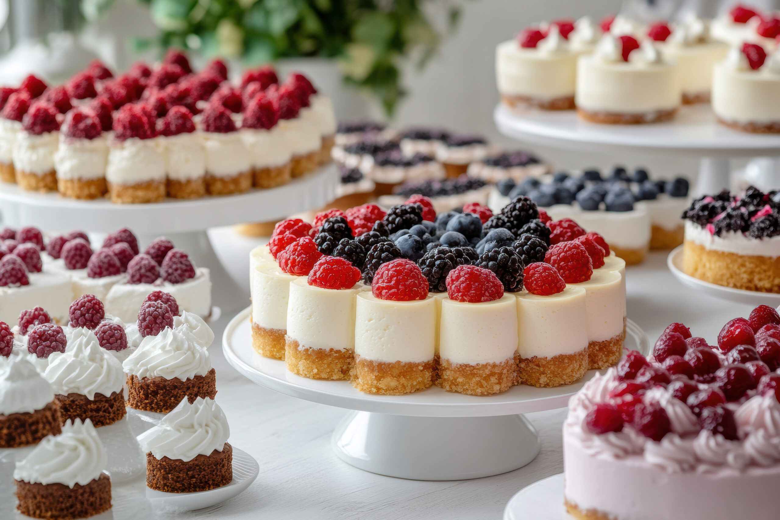 high quality illustration, assorted mini cheesecakes on display, sweet desserts theme banner